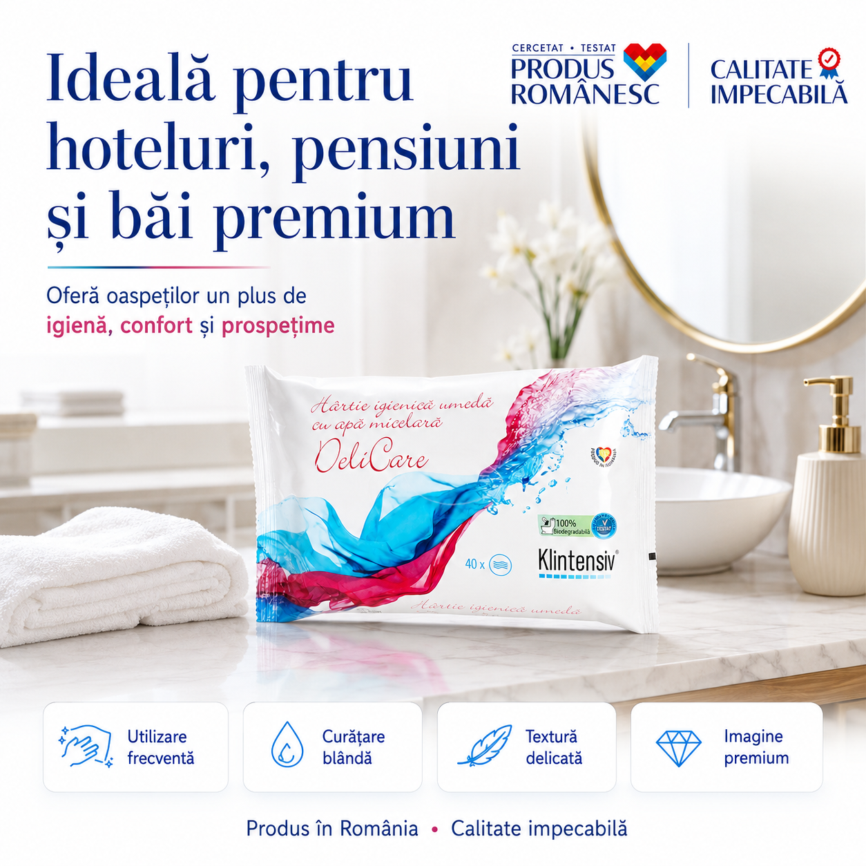 H&acirc;rtie igienică umedă Klintensiv ideală pentru acasă spații publice și deplasări