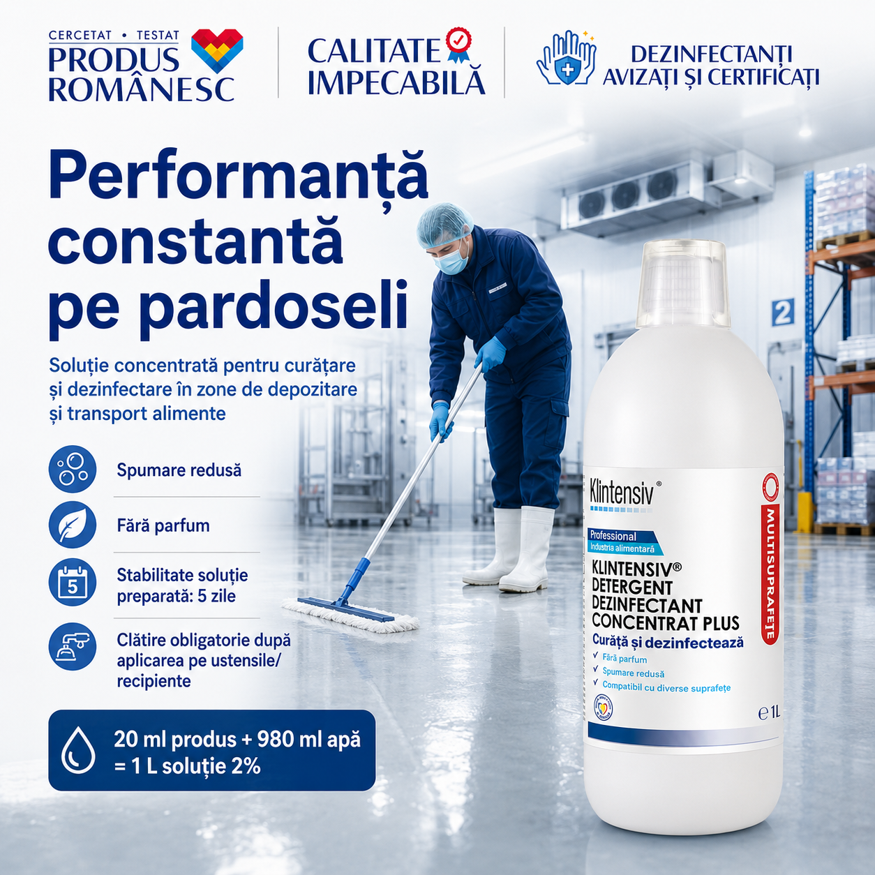 Eficacitate microbiologică Klintensiv Plus bactericid levuricid fungicid virucid soluție 2%