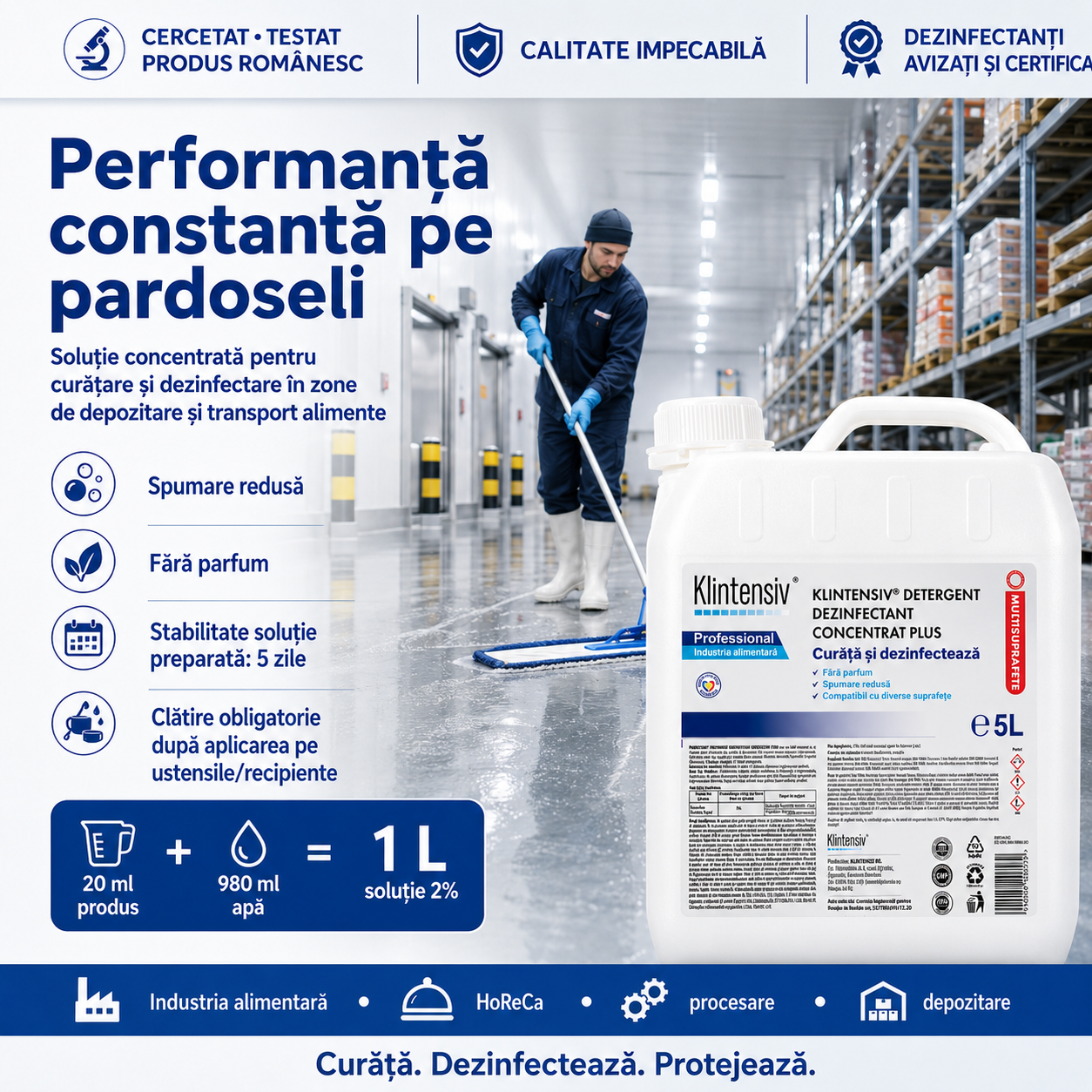Eficacitate microbiologică Klintensiv Plus bactericid levuricid fungicid virucid soluție 2%