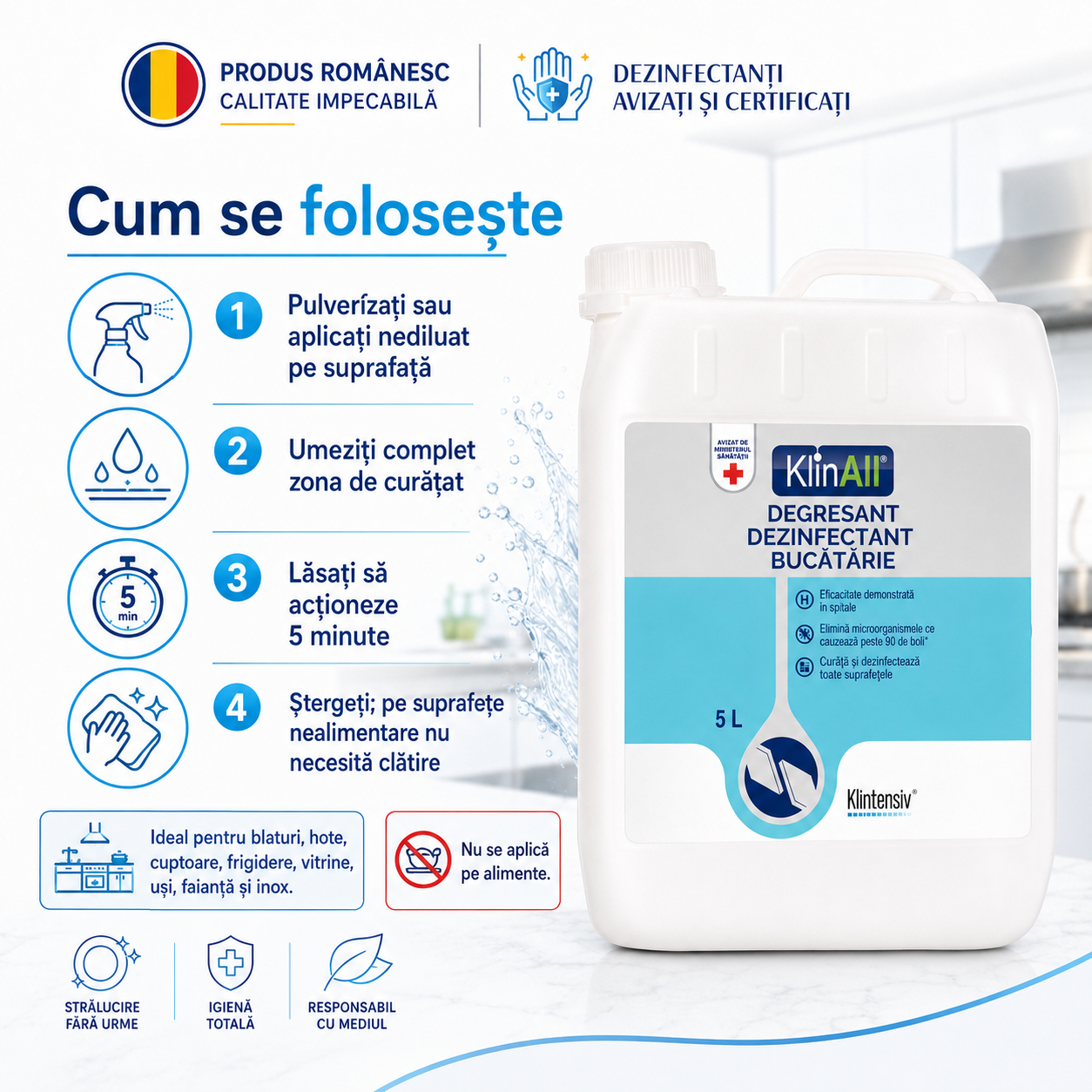KlinAll degresant dezinfectant pentru blaturi hote cuptoare frigidere vitrine faianță și inox