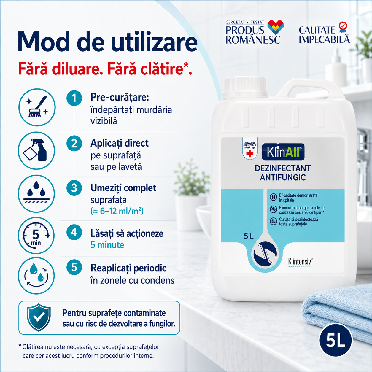 Instrucțiuni utilizare KlinAll Dezinfectant Antimucegai aplicare fără diluare timp contact 5 minute