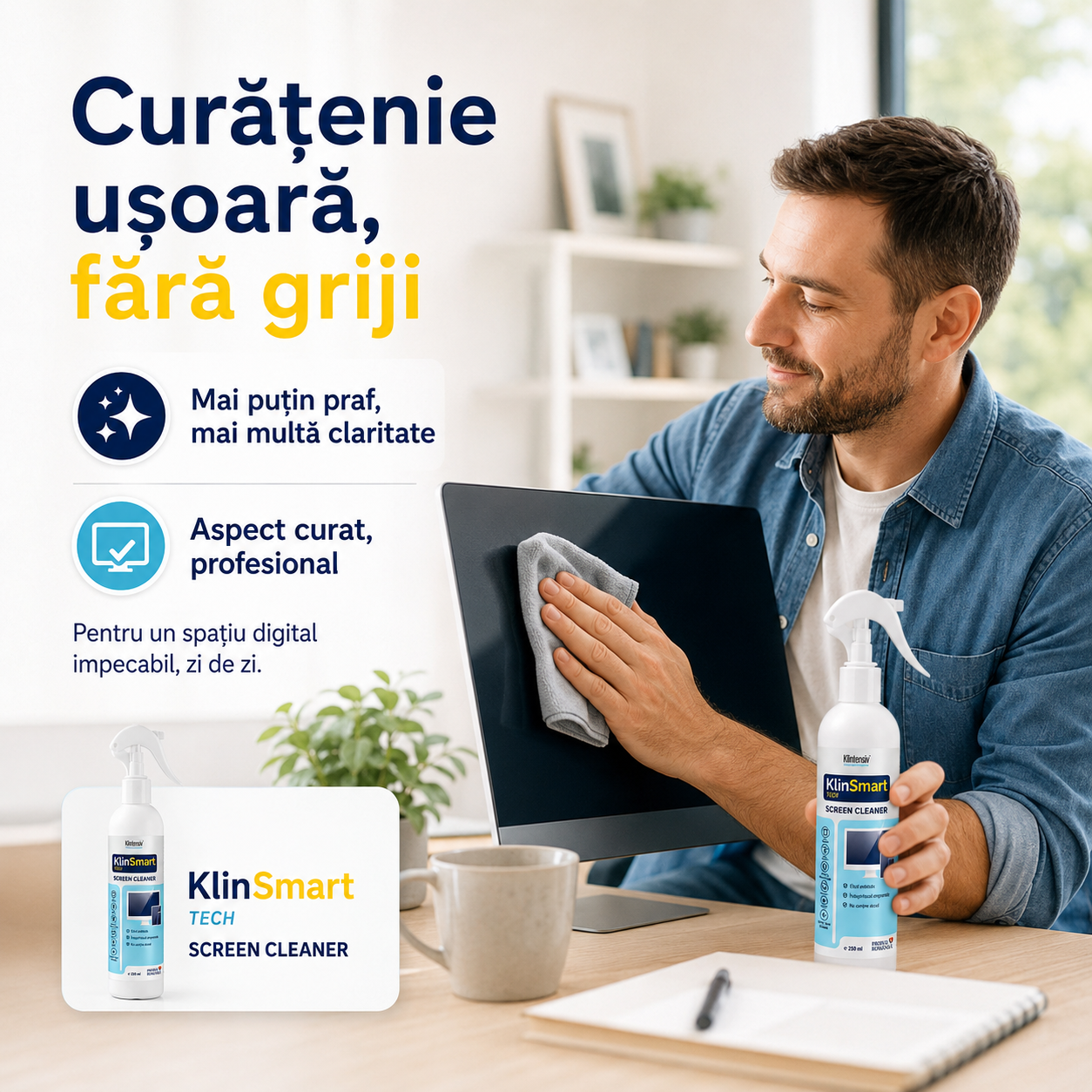 KlinSmart Tech soluție profesională pentru sticlă plastic aluminiu cauciuc și suprafețe tech