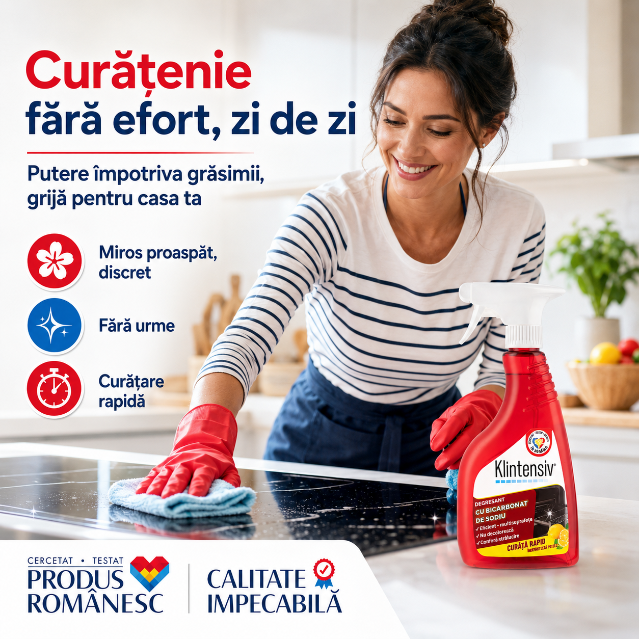 Instrucțiuni utilizare degresant cu bicarbonat Klintensiv pulverizare acționare ștergere și clătire