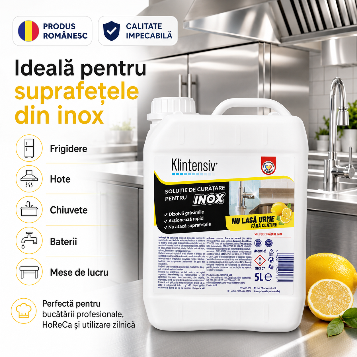 Instrucțiuni utilizare soluție curățare inox Klintensiv aplicare ștergere și lustruire