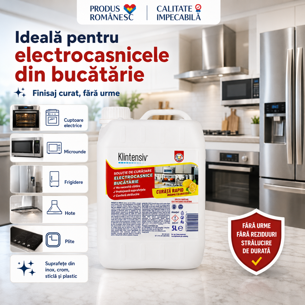 Instrucțiuni utilizare soluție curățare electrocasnice Klintensiv pulverizare ștergere lustruire