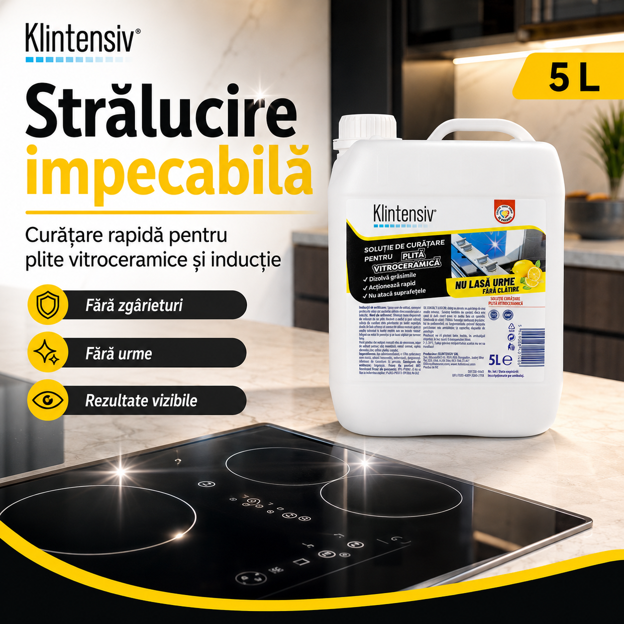 Instrucțiuni utilizare soluție curățare plită vitroceramică Klintensiv aplicare ștergere lustruire