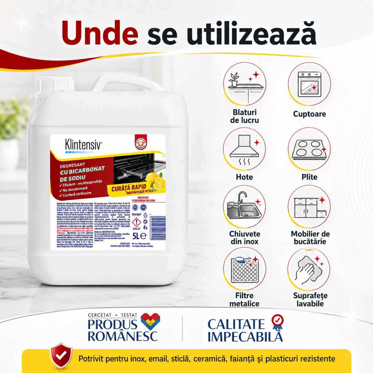 Instrucțiuni utilizare degresant cu bicarbonat Klintensiv pulverizare acționare ștergere și clătire