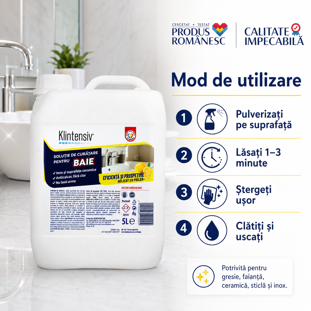 Soluție baie Klintensiv 500 ml pentru curățare calcar murdărie urme de apă și depuneri