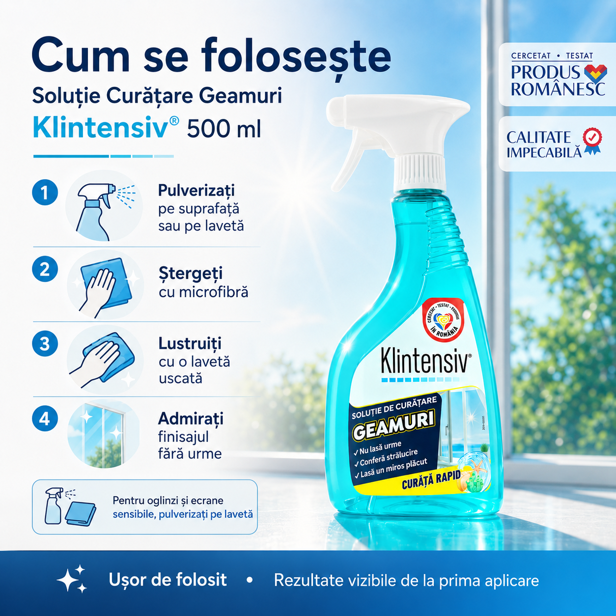 Instrucțiuni utilizare soluție curățare geamuri Klintensiv pulverizare ștergere și lustruire