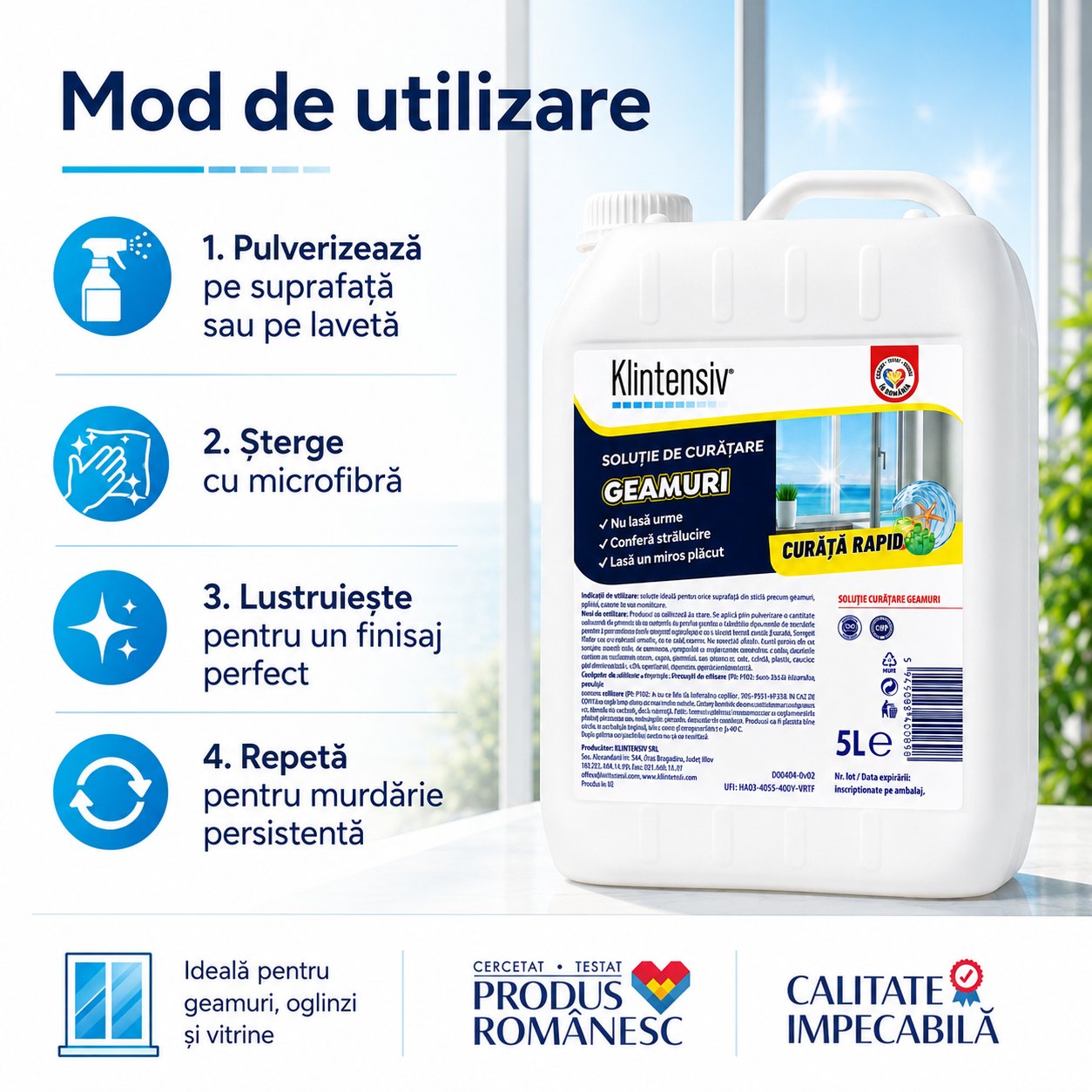 Instrucțiuni utilizare soluție curățare geamuri Klintensiv pulverizare ștergere și lustruire