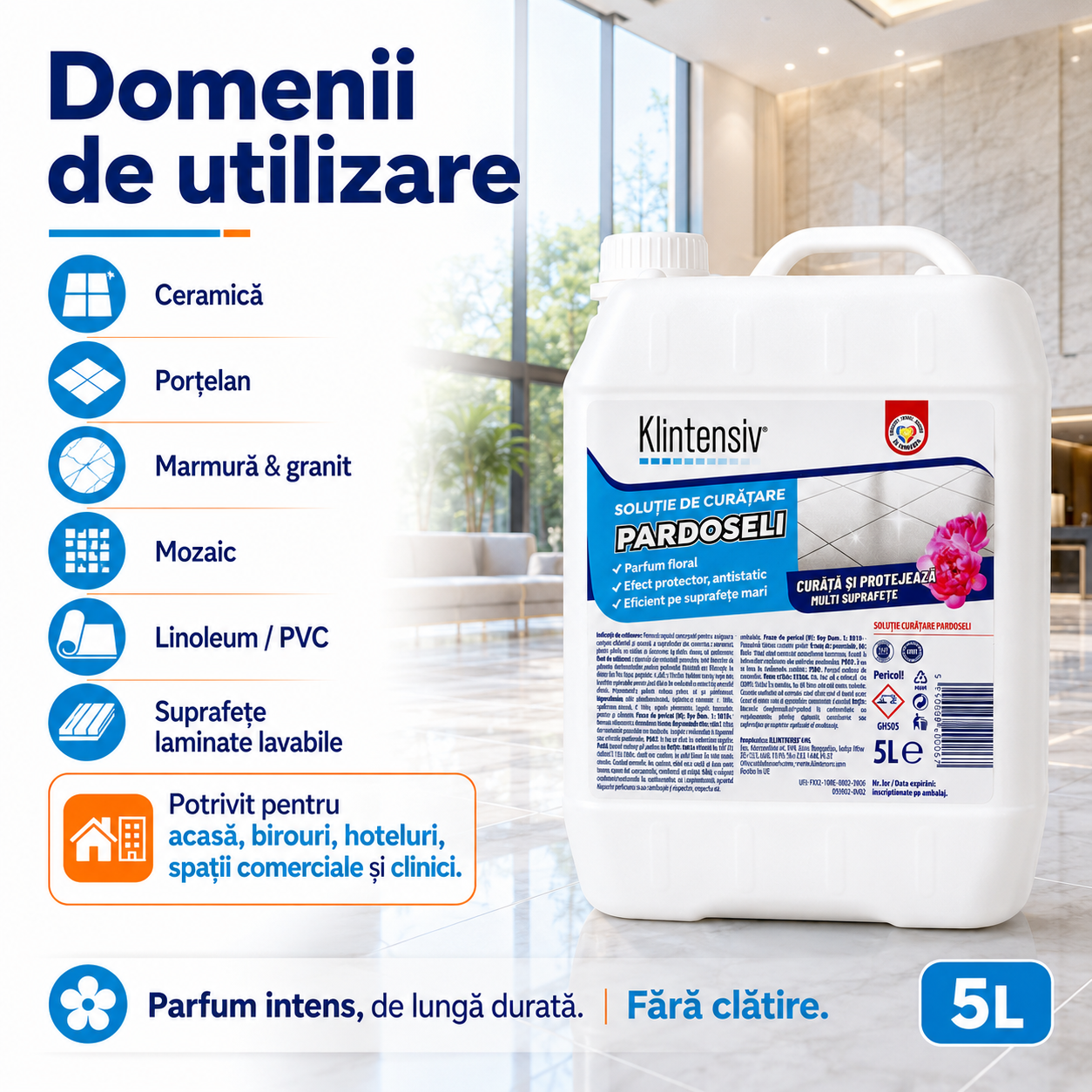 Instrucțiuni utilizare soluție curățare pardoseli Klintensiv diluare &icirc;n apă aplicare cu mop fără clătire
