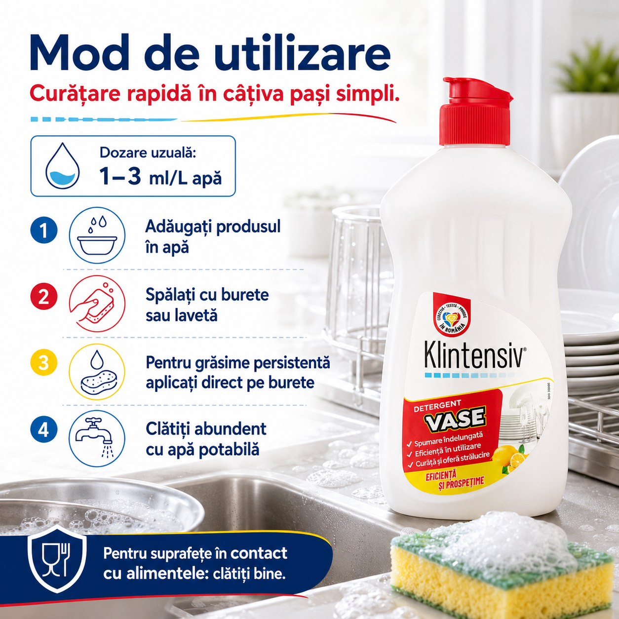 Instrucțiuni utilizare detergent de vase Klintensiv dozare spălare manuală și clătire