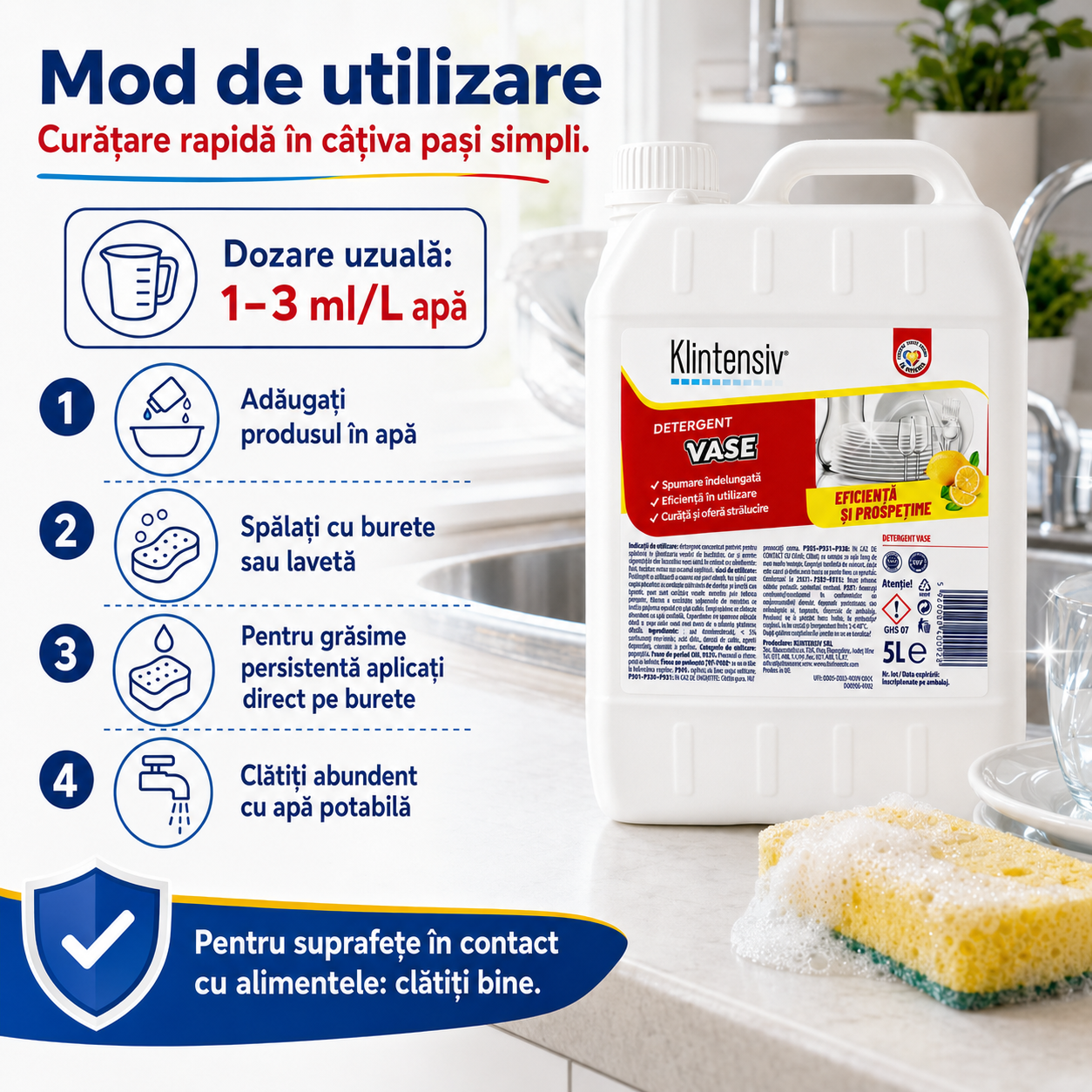 Instrucțiuni utilizare detergent de vase Klintensiv dozare spălare manuală și clătire