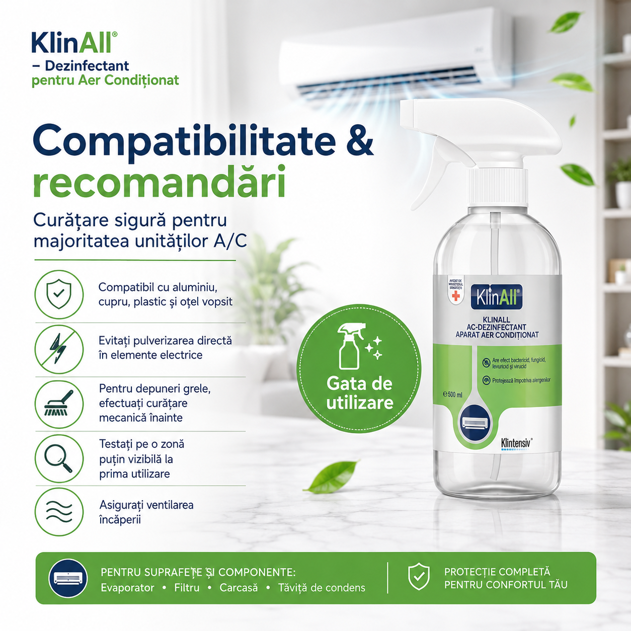 KlinAll dezinfectant pentru evaporator filtru carcasă tăviță condens și aripioare schimbător aer condiționat