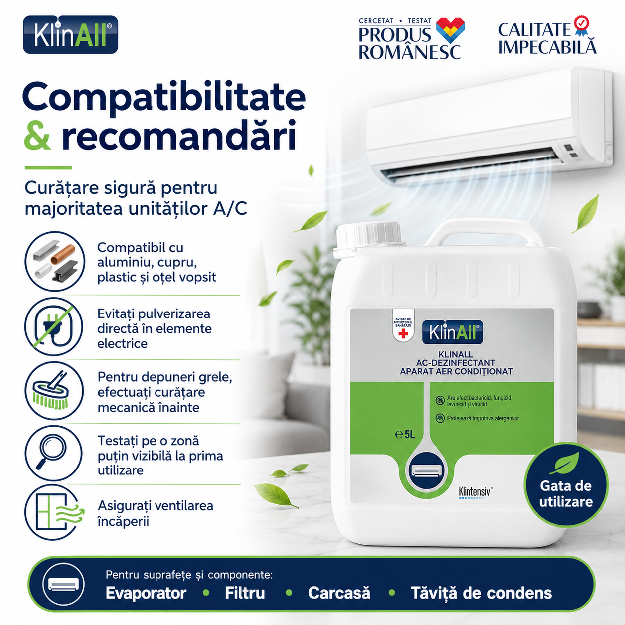 KlinAll dezinfectant pentru evaporator filtru carcasă tăviță condens și aripioare schimbător aer condiționat