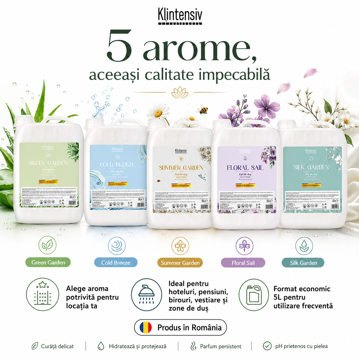 Instrucțiuni utilizare gel de duș Klintensiv Silk Garden aplicare spumare minimum 30 secunde și clătire