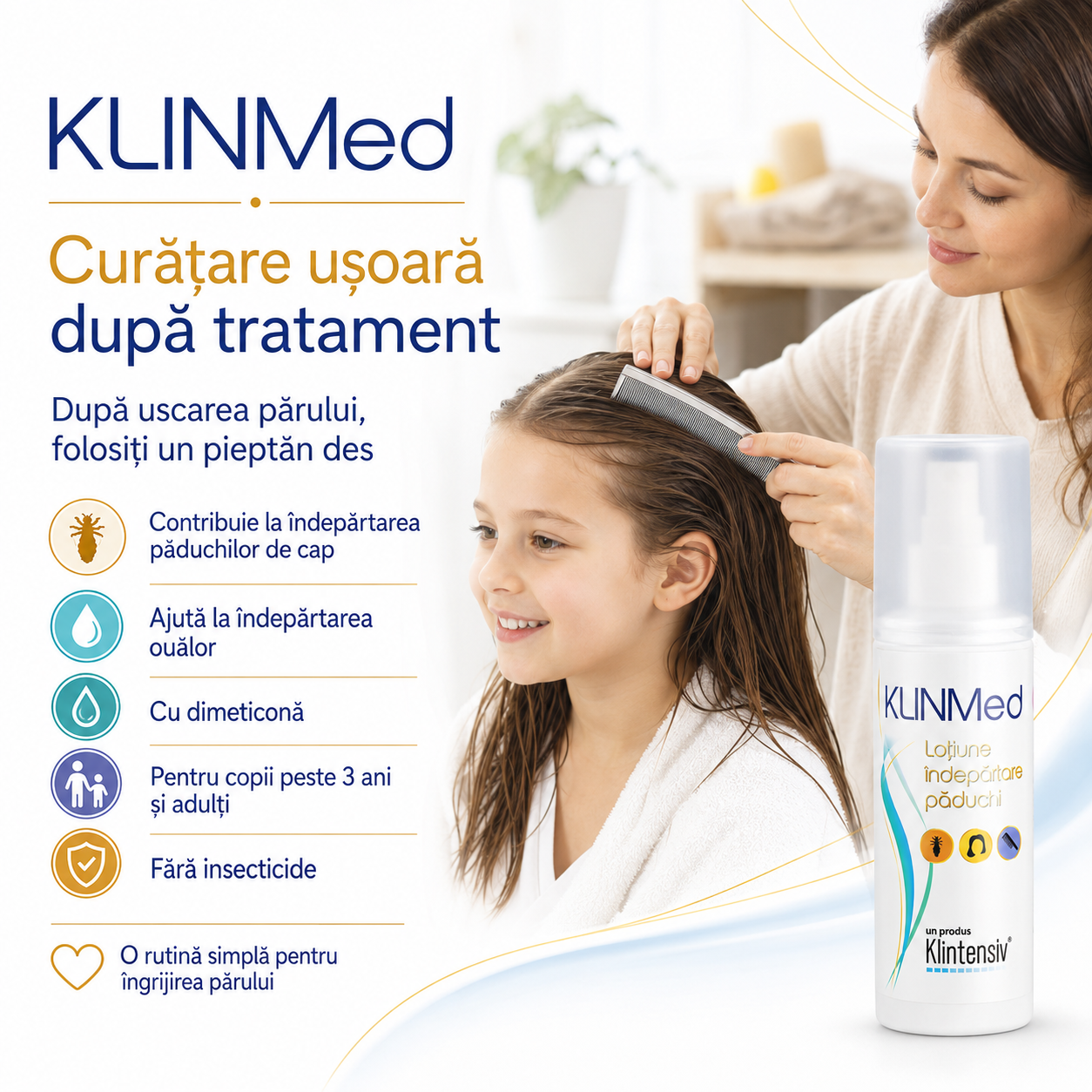 Instrucțiuni utilizare KLINMed loțiune antipăduchi aplicare masaj 10 minute clătire și pieptănare