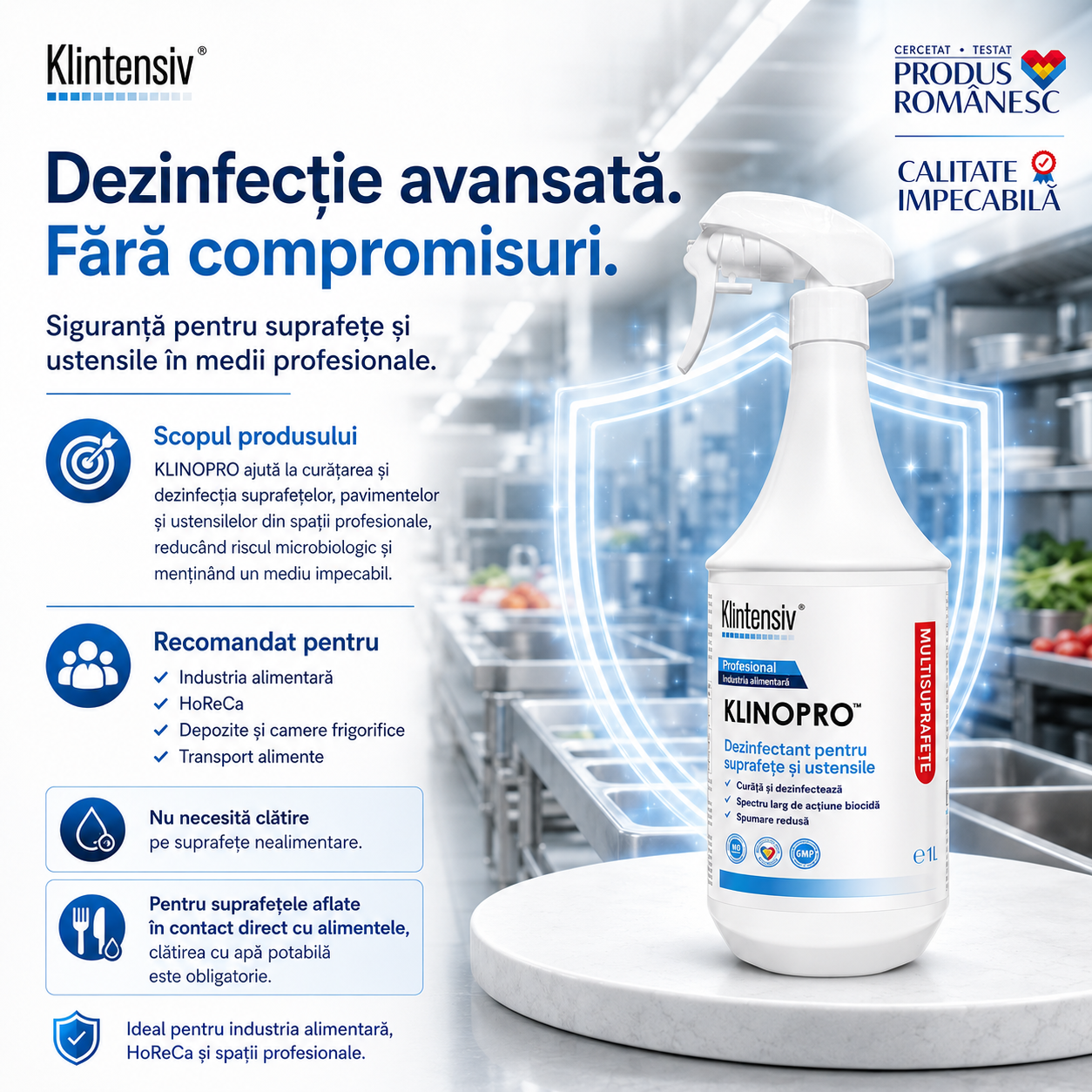 Utilizări Klinopro pe suprafețe pavimente ustensile echipamente și zone alimentare