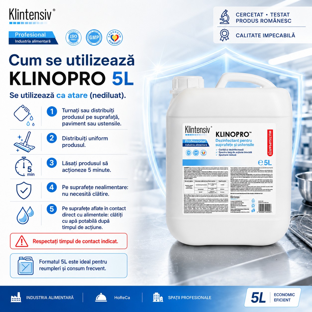 Utilizări Klinopro pe suprafețe pavimente ustensile echipamente și zone alimentare
