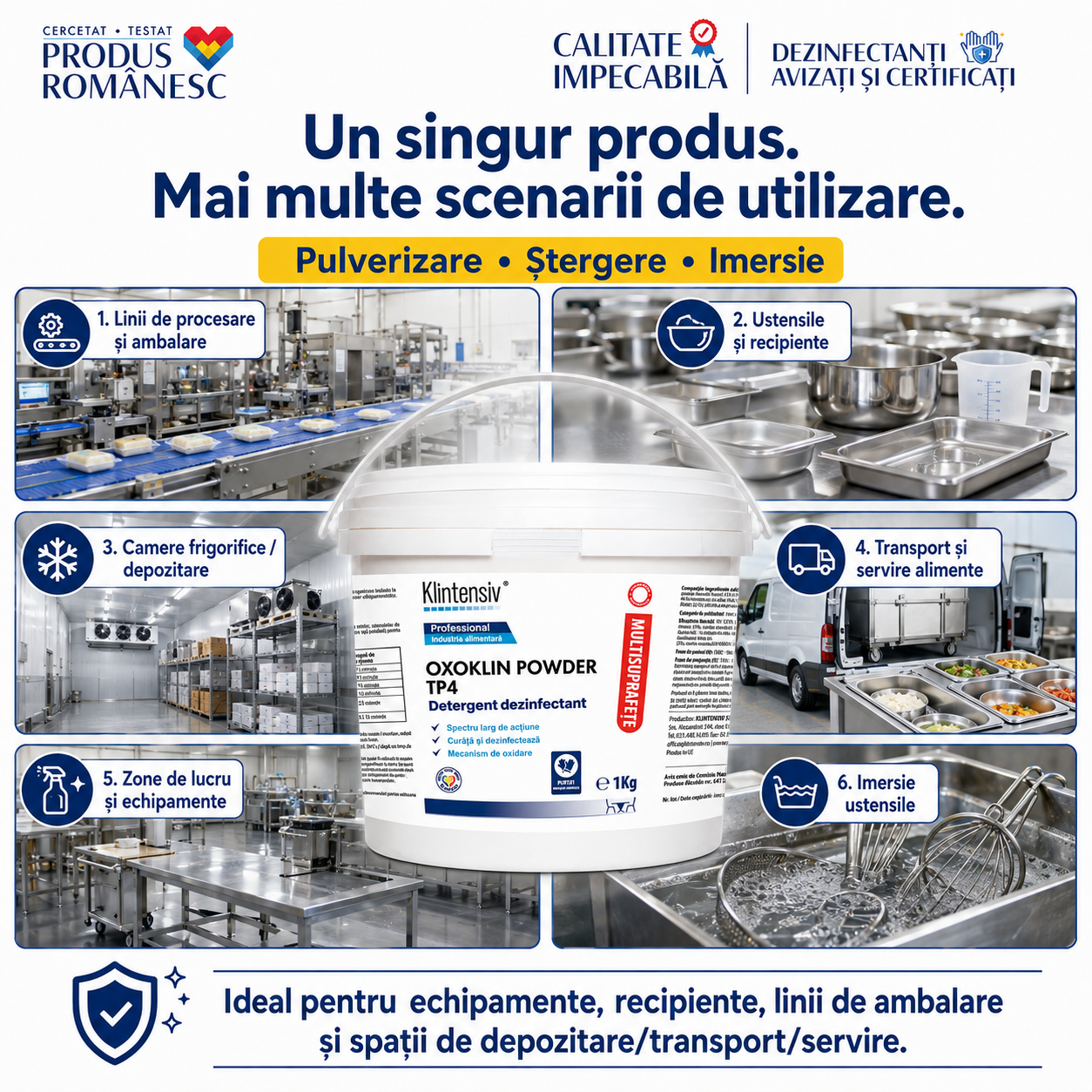 Instrucțiuni Oxoklin Powder diluare activare aplicare pulverizare ștergere imersie și clătire