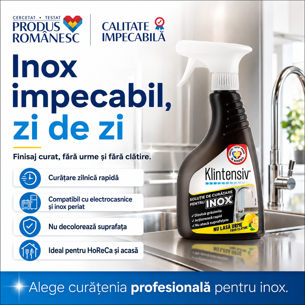 Klintensiv soluție curățare inox 500 ml pentru uz casnic profesional și HoReCa