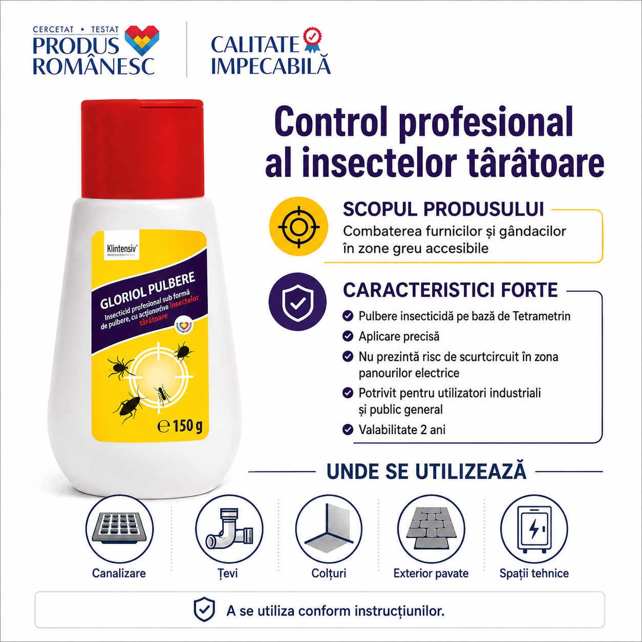 Instrucțiuni utilizare GLORIOL pulbere insecticidă pudrare presărare 1 g pe metru pătrat