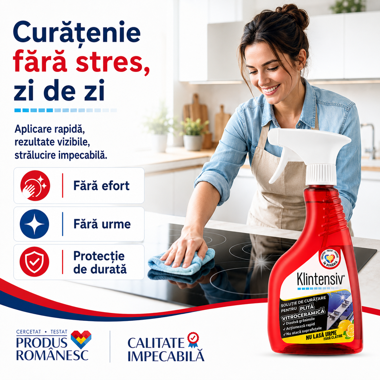 Instrucțiuni utilizare soluție curățare plită vitroceramică Klintensiv aplicare ștergere lustruire