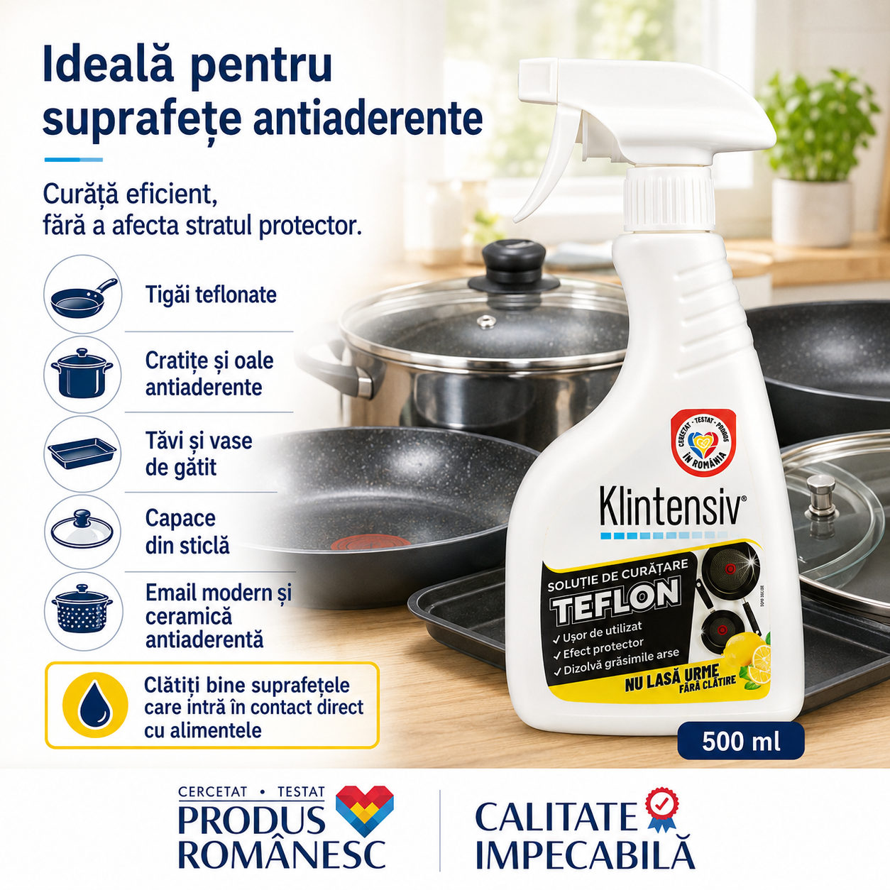 Soluție curățare teflon Klintensiv 500 ml pentru vase strălucitoare fără zg&acirc;riere