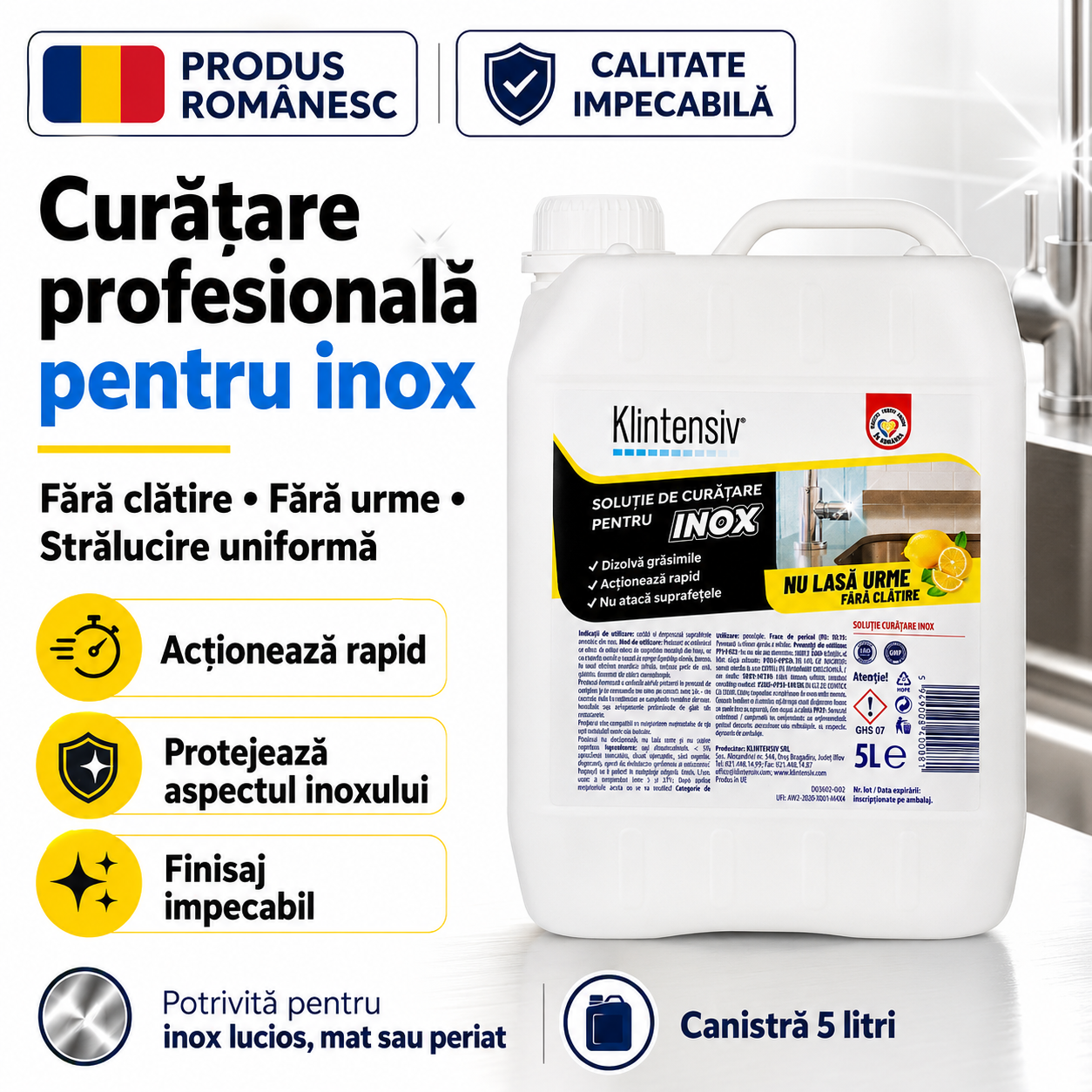 Klintensiv soluție curățare inox 500 ml pentru uz casnic profesional și HoReCa
