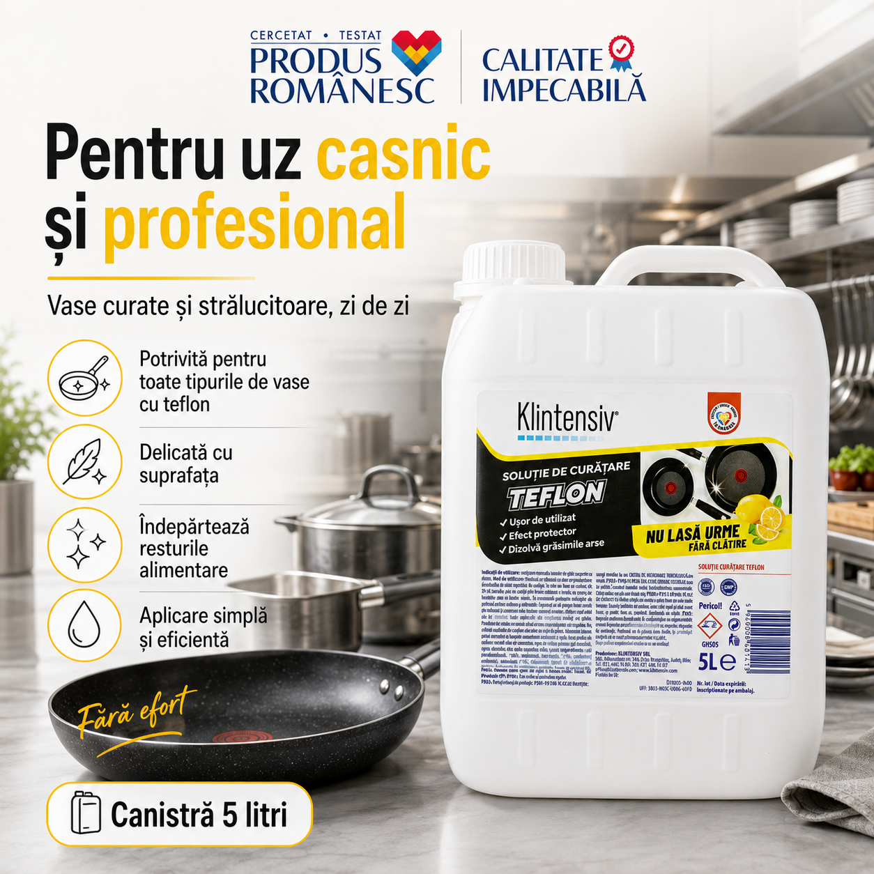 Soluție curățare teflon Klintensiv 5 L pentru vase strălucitoare fără zgâriere