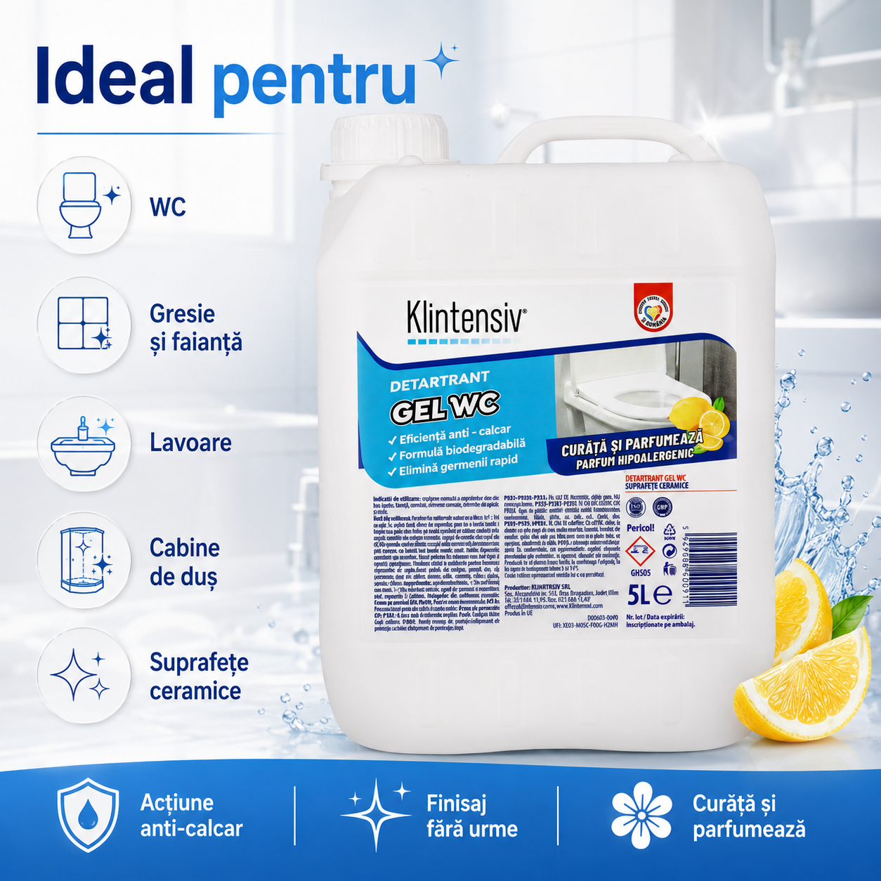 Gel detartrant WC Klintensiv 750 ml pentru baie curată lucioasă fără calcar