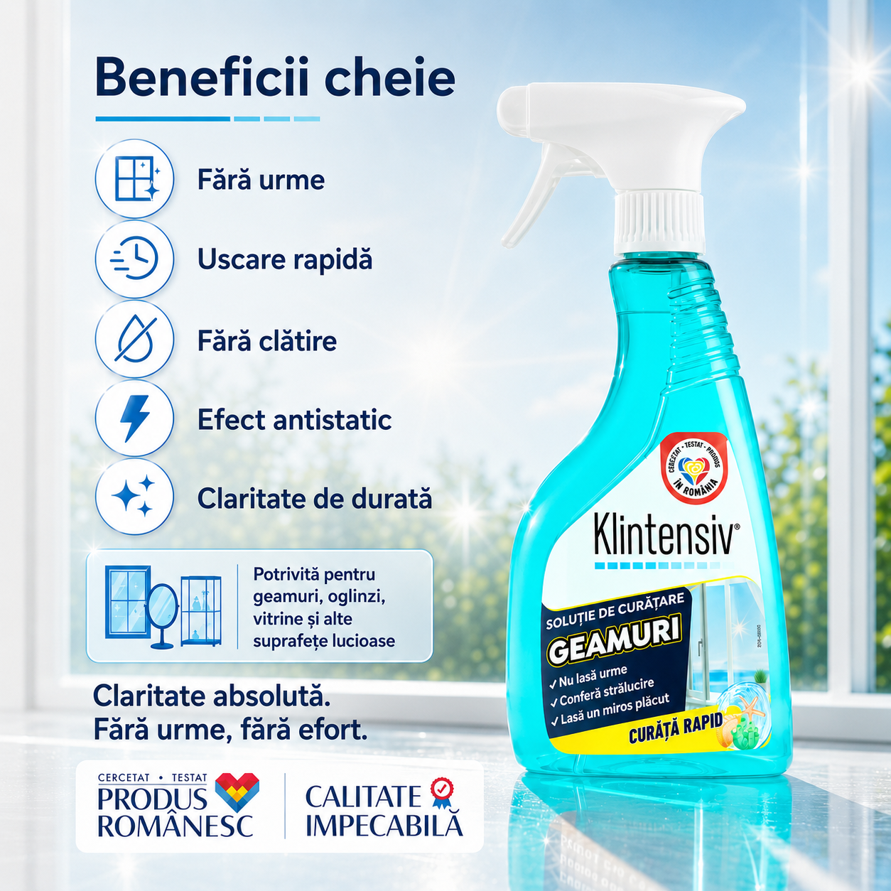 Soluție curățare geamuri Klintensiv 500 ml și 5 litri pentru sticlă oglinzi vitrine și suprafețe lucioase