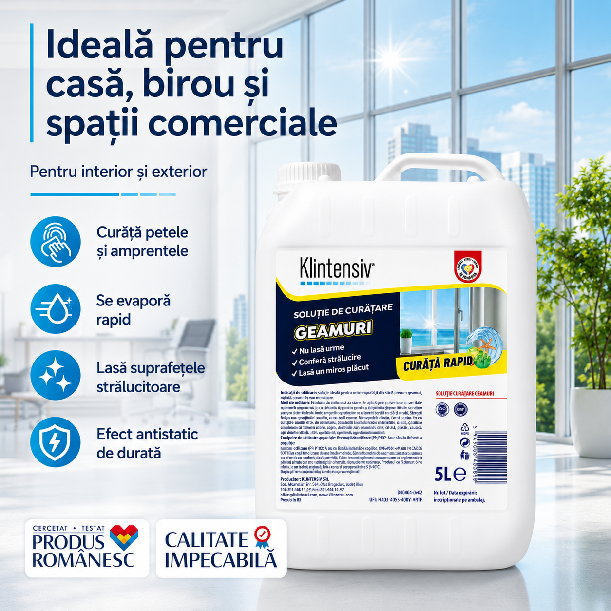Soluție curățare geamuri Klintensiv 500 ml și 5 litri pentru sticlă oglinzi vitrine și suprafețe lucioase