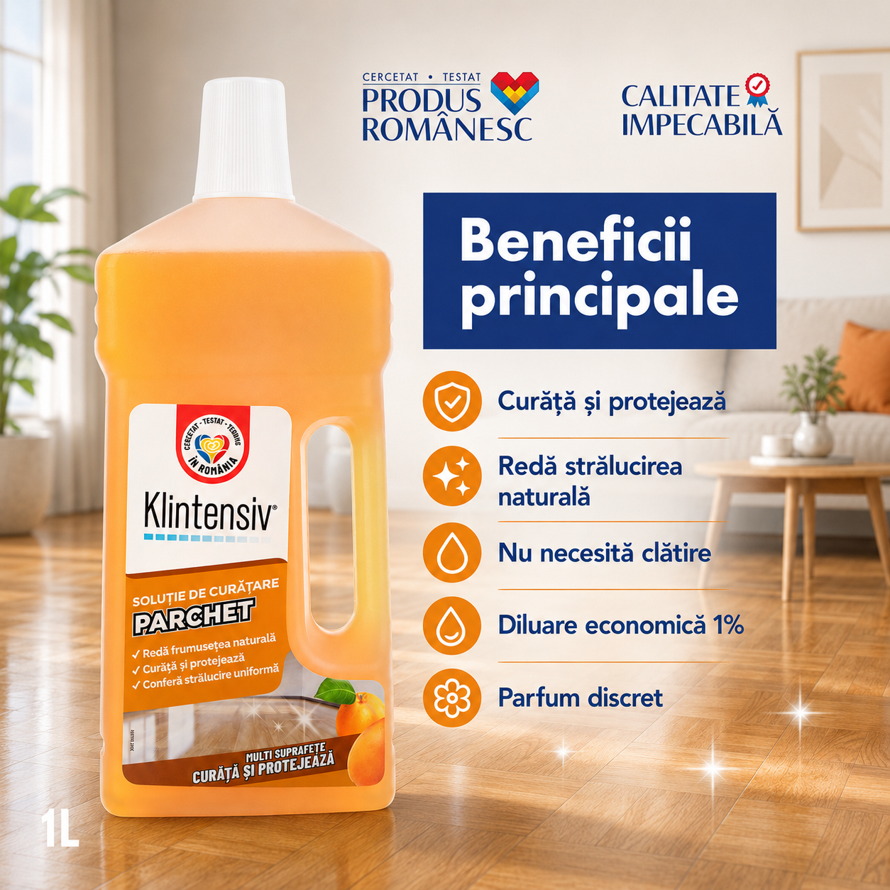 Soluție curățare parchet Klintensiv 1 litru și 5 litri pentru parchet lăcuit și pardoseli finisate