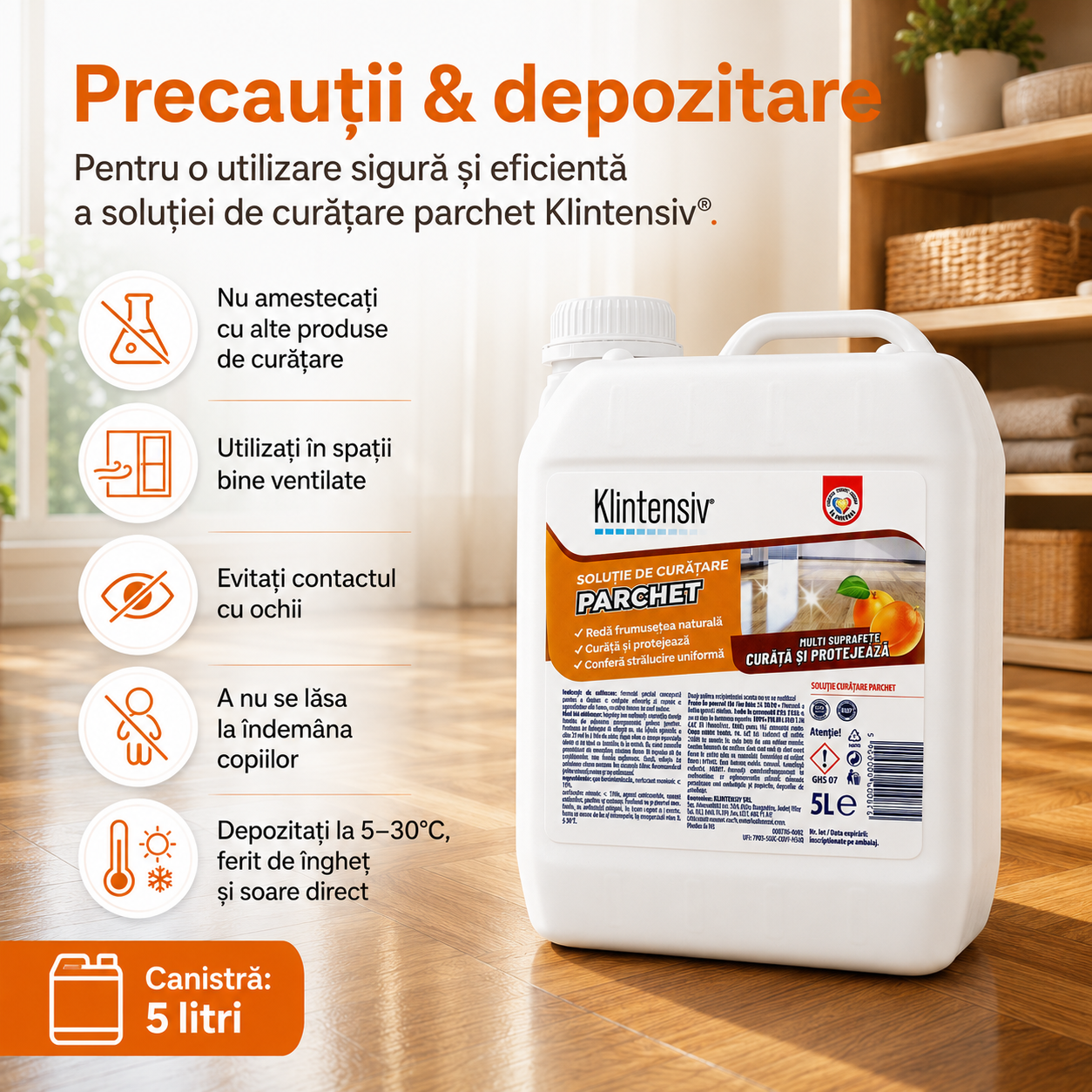Soluție curățare parchet Klintensiv 1 litru și 5 litri pentru parchet lăcuit și pardoseli finisate