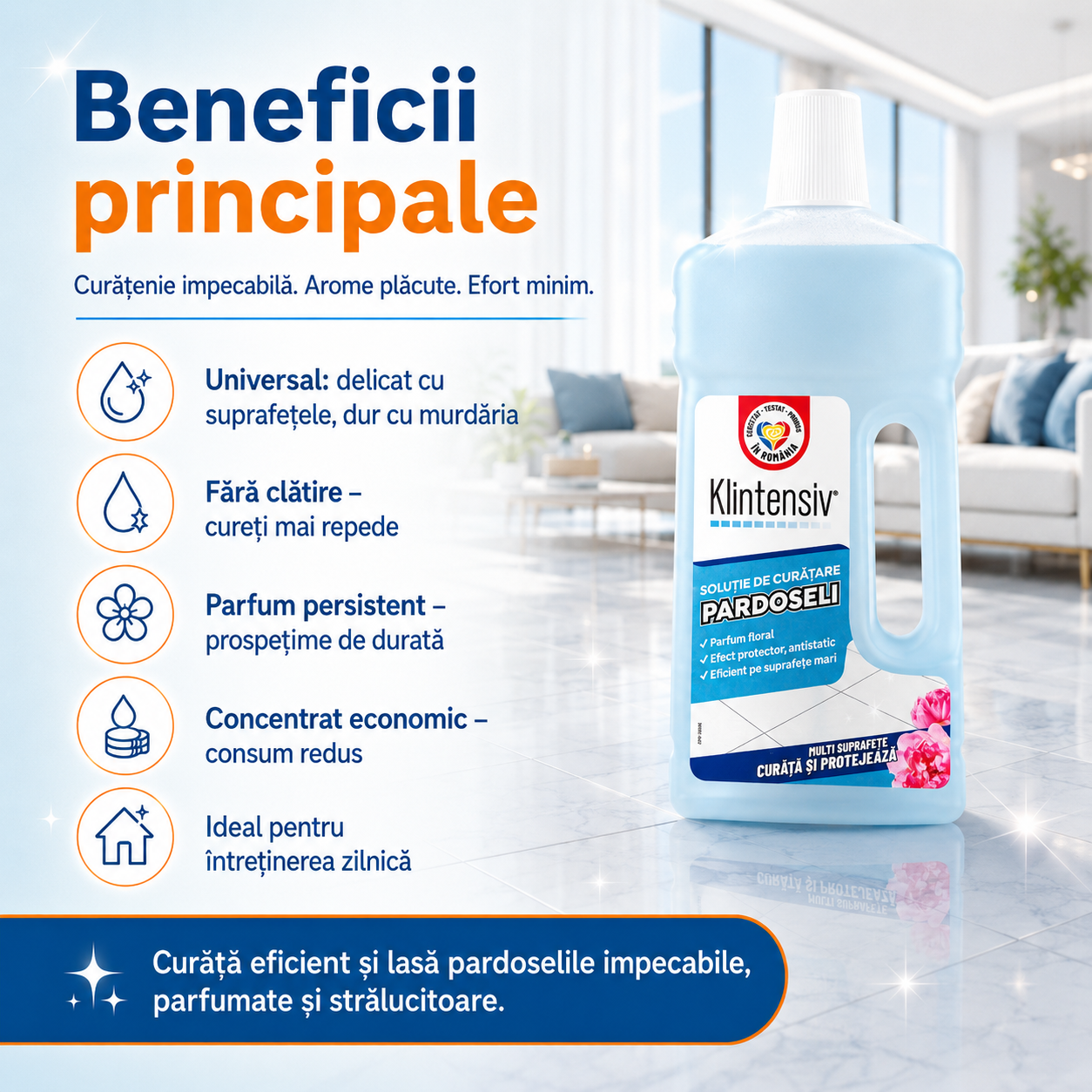 Instrucțiuni utilizare soluție curățare pardoseli Klintensiv diluare &icirc;n apă aplicare cu mop fără clătire
