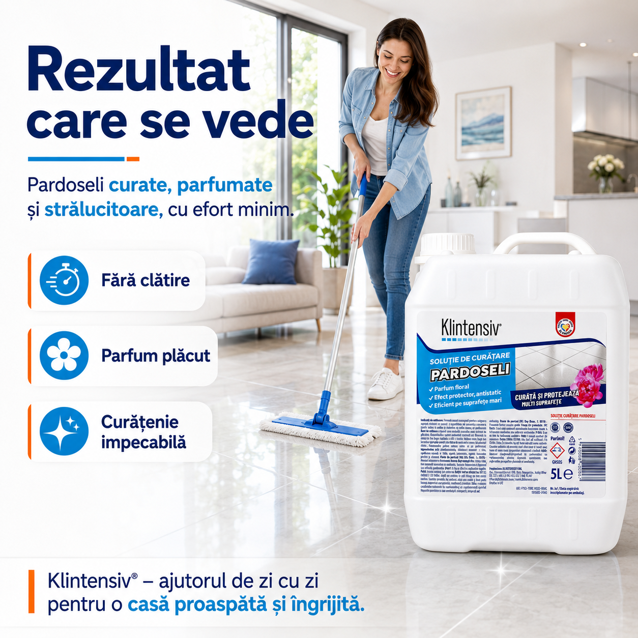 Soluție curățare pardoseli Klintensiv 1 litru și 5 litri detergent concentrat parfumat fără clătire