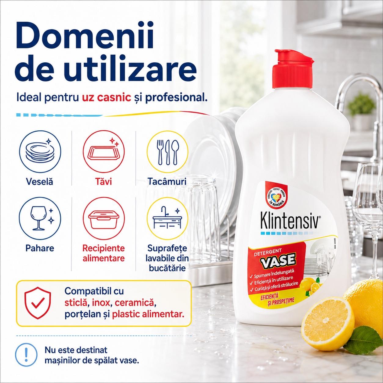 Detergent de vase Klintensiv 500 ml și 5 litri pentru uz casnic și profesional