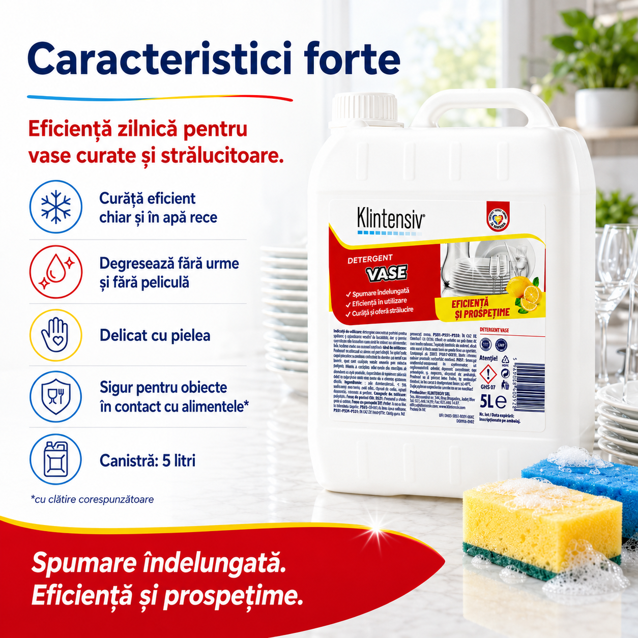 Detergent de vase Klintensiv 500 ml și 5 litri pentru uz casnic și profesional