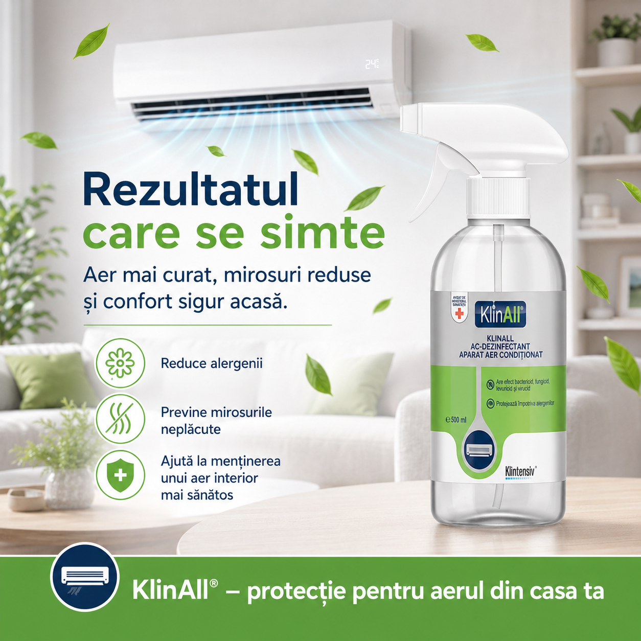 Instrucțiuni utilizare KlinAll Dezinfectant Aer Condiționat fără diluare pentru unități interioare A C