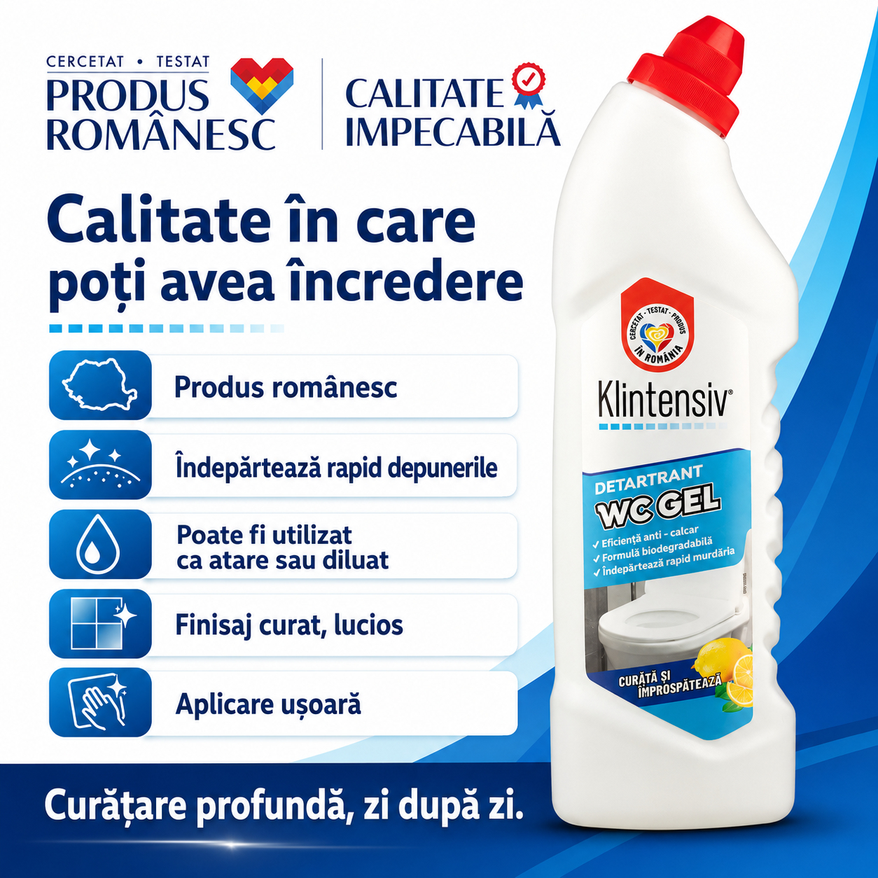 Gel detartrant WC Klintensiv 750 ml pentru baie curată lucioasă fără calcar