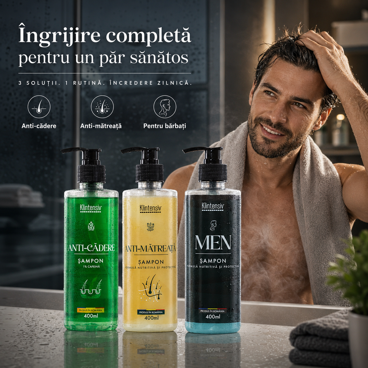 Instrucțiuni utilizare șampon anti-cădere Klintensiv aplicare masaj scalp 2 minute și clătire