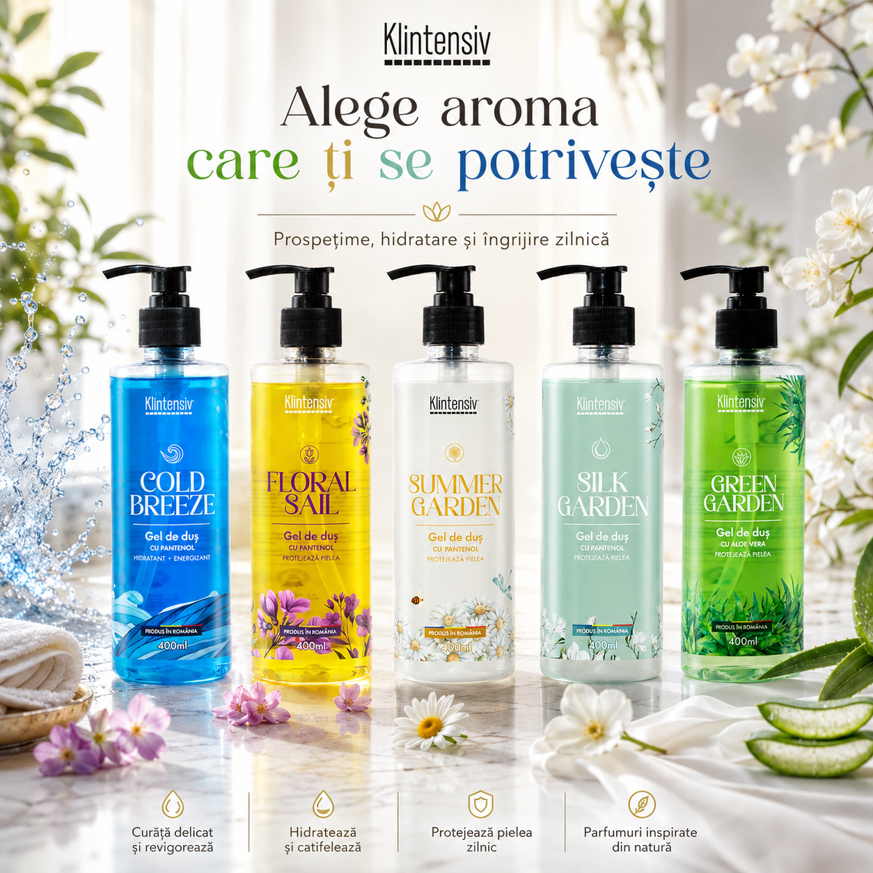 Instrucțiuni utilizare gel de duș Klintensiv Silk Garden aplicare spumare minimum 30 secunde și clătire