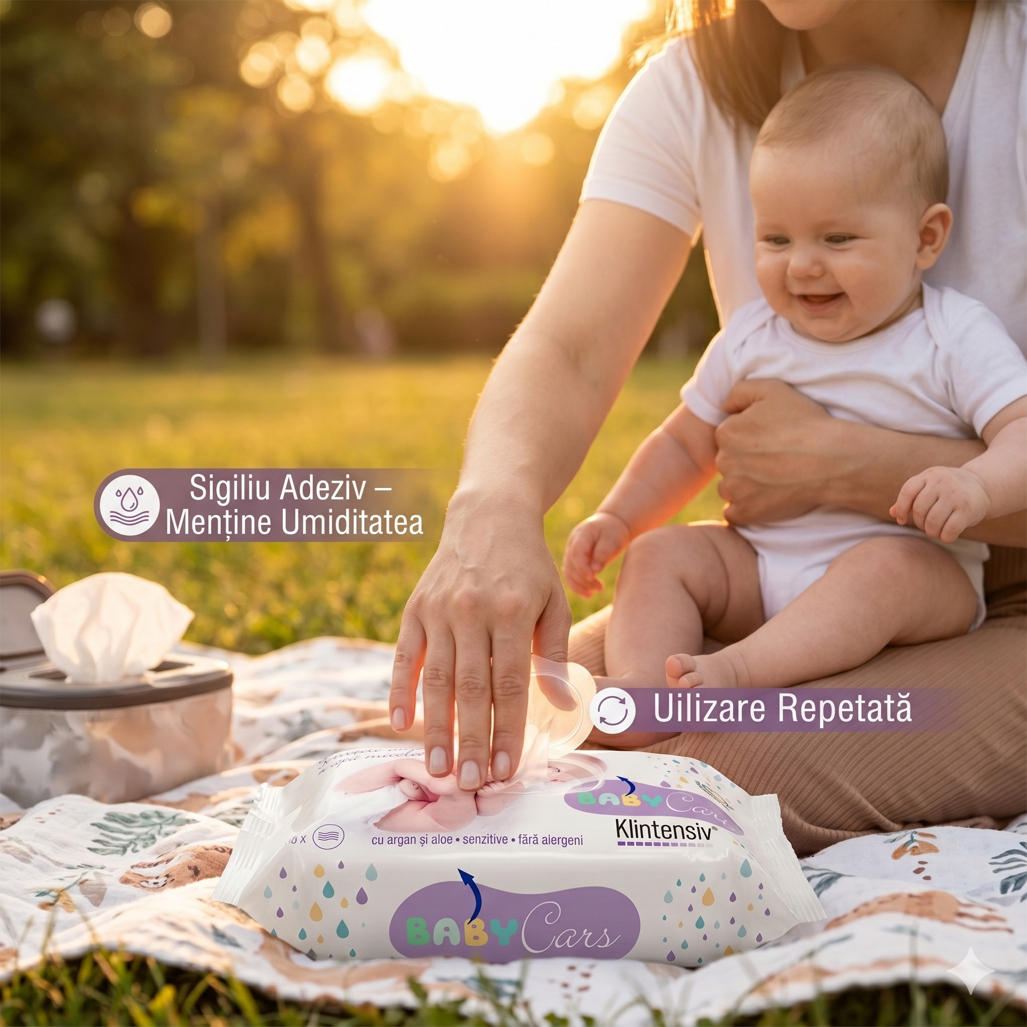 Instrucțiuni utilizare Klintensiv Baby șervețele umede re&icirc;nchidere ambalaj pentru menținerea umidității