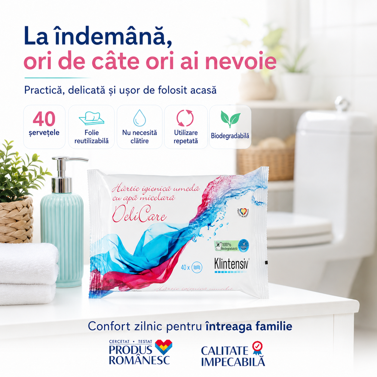Caracteristici și compoziție h&acirc;rtie igienică umedă Klintensiv 40 șervețele