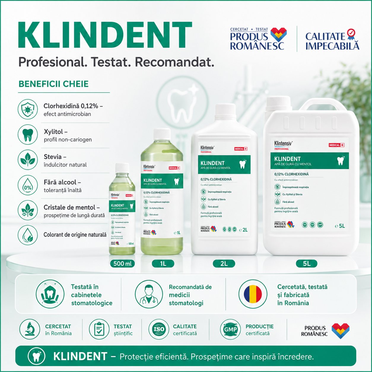 Instrucțiuni utilizare KLINDENT clătire cavitate bucală 10-15 ml timp de 30-60 secunde