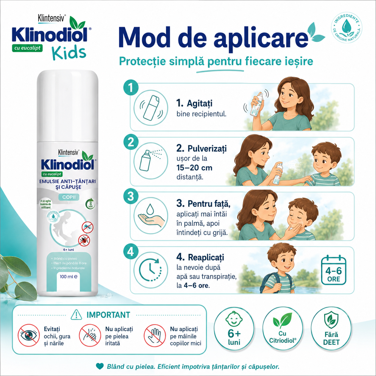 Instrucțiuni utilizare KlinodioL Kids aplicare pe piele copii peste 6 luni și reaplicare la 4-6 ore