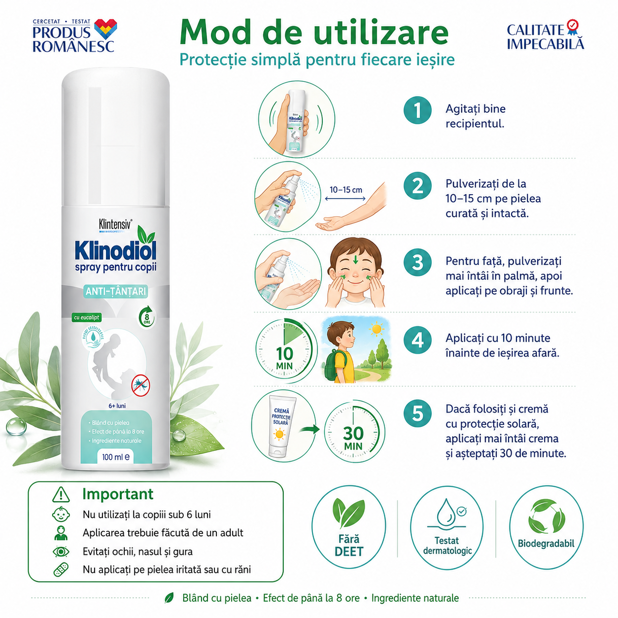 Instrucțiuni utilizare Klinodiol spray copii aplicare pe piele de la 10-15 cm și protecție solară