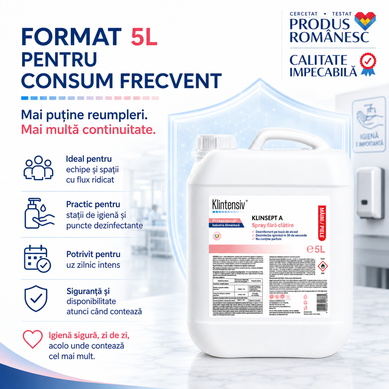 Ambalaje Klinsept A 1 litru și 5 litri pentru utilizare profesională și reumpleri