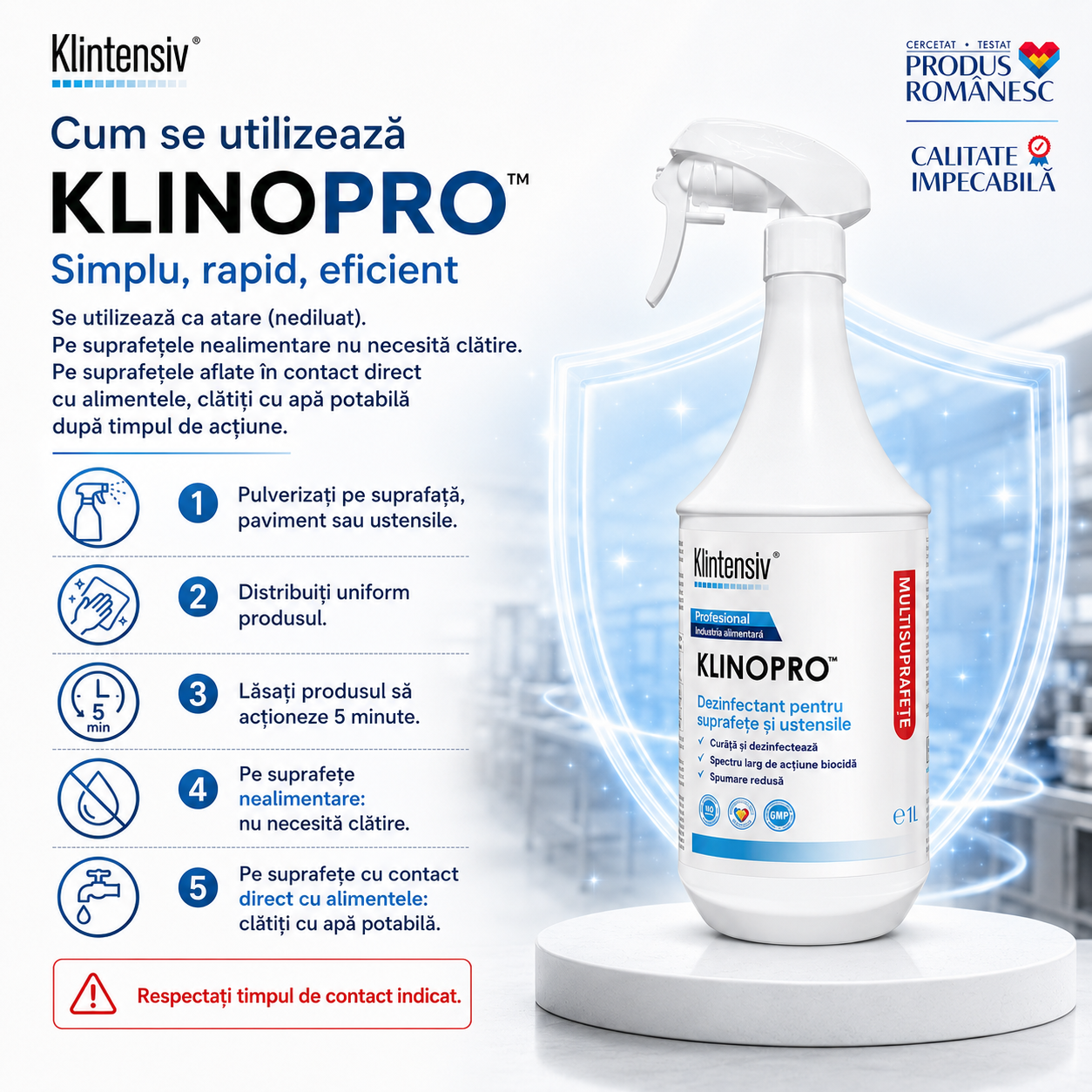 Instrucțiuni utilizare Klinopro dezinfectant suprafețe și pavimente nediluat